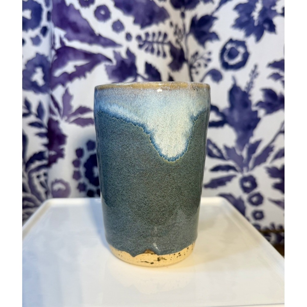 Handmade Pottery Ceramic Mug Tumbler Blue Gray Drip Glaze w/ Handle Signed Base